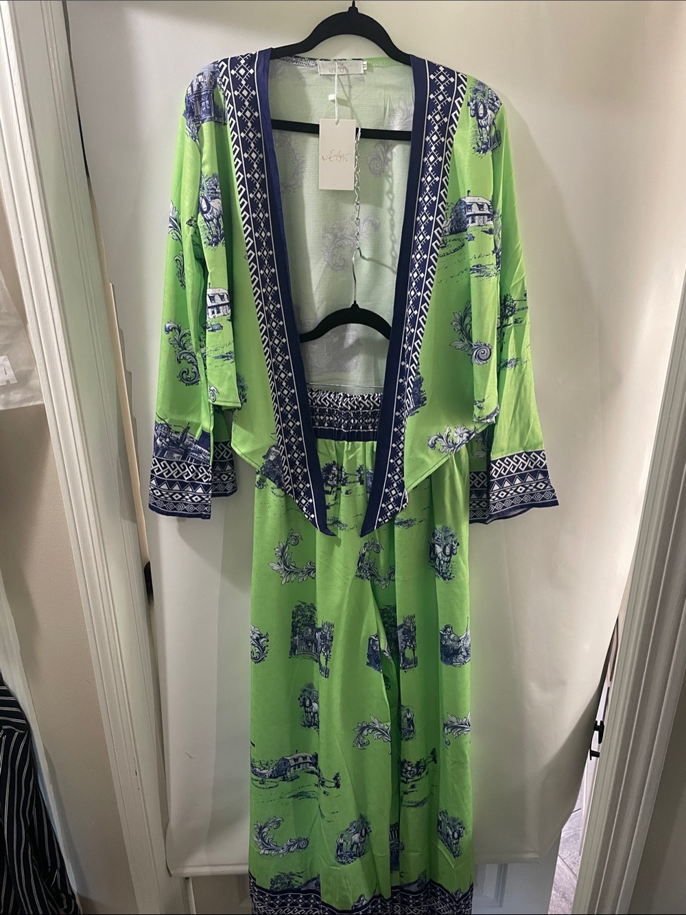 Women's Wide-Leg pants with Matching Long SleeveDuster/Lime Green-Navy Trim
